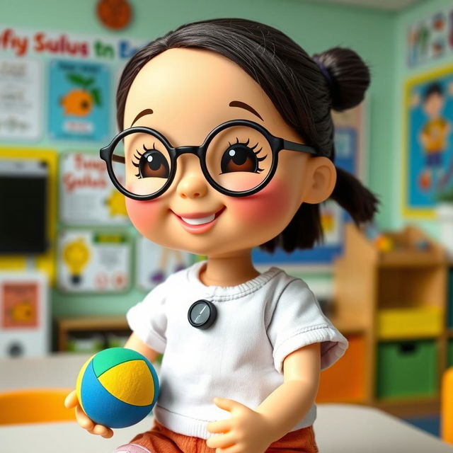 A doll representing a short girl with a round face, wearing black circular glasses, styled as a student in an occupational therapy setting