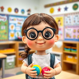 A doll representing a short girl with a round face, wearing black circular glasses, styled as a student in an occupational therapy setting
