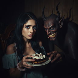 In a dimly lit room, a beautiful young woman with stunning black hair and crystal blue eyes is crying, tied to a classic wooden chair in the corner