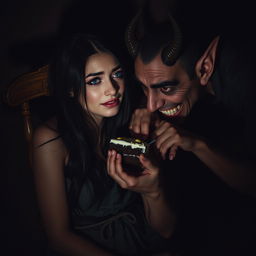 In a dimly lit room, a beautiful young woman with stunning black hair and crystal blue eyes is crying, tied to a classic wooden chair in the corner