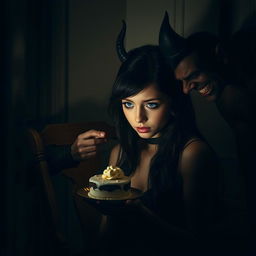 In a dimly lit room, a beautiful young woman with stunning black hair and crystal blue eyes is crying, tied to a classic wooden chair in the corner