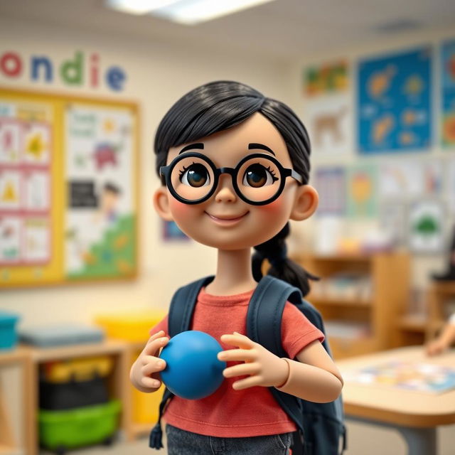 A doll representing a short girl with a round face, black circular glasses, and black hair, featuring light skin