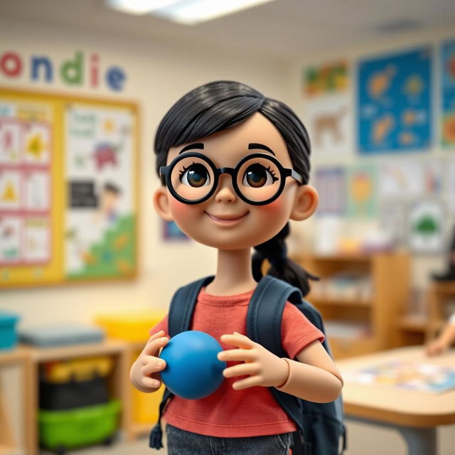 A doll representing a short girl with a round face, black circular glasses, and black hair, featuring light skin