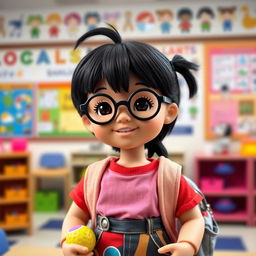 A doll representing a short girl with a round face, black circular glasses, and black hair, featuring light skin