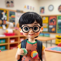 A doll representing a short girl with a round face, black circular glasses, and black hair, featuring light skin