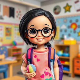 A doll representing a short girl with a round face, black circular glasses, and black hair, featuring light skin