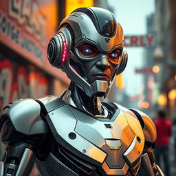 A futuristic droid featuring a face designed to resemble George Floyd, incorporating advanced robotic elements with intricate detailing