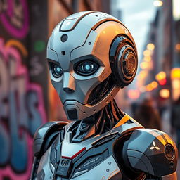 A futuristic droid featuring a face designed to resemble George Floyd, incorporating advanced robotic elements with intricate detailing