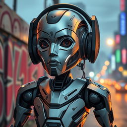 A futuristic droid featuring a face designed to resemble George Floyd, incorporating advanced robotic elements with intricate detailing