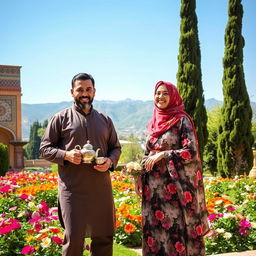 A vibrant scene of a man and woman living in Iran, showcasing traditional Persian architecture in the background with intricate tile work and colorful patterns