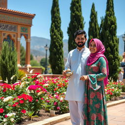 A vibrant scene of a man and woman living in Iran, showcasing traditional Persian architecture in the background with intricate tile work and colorful patterns