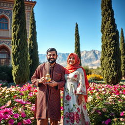 A vibrant scene of a man and woman living in Iran, showcasing traditional Persian architecture in the background with intricate tile work and colorful patterns