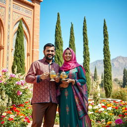 A vibrant scene of a man and woman living in Iran, showcasing traditional Persian architecture in the background with intricate tile work and colorful patterns