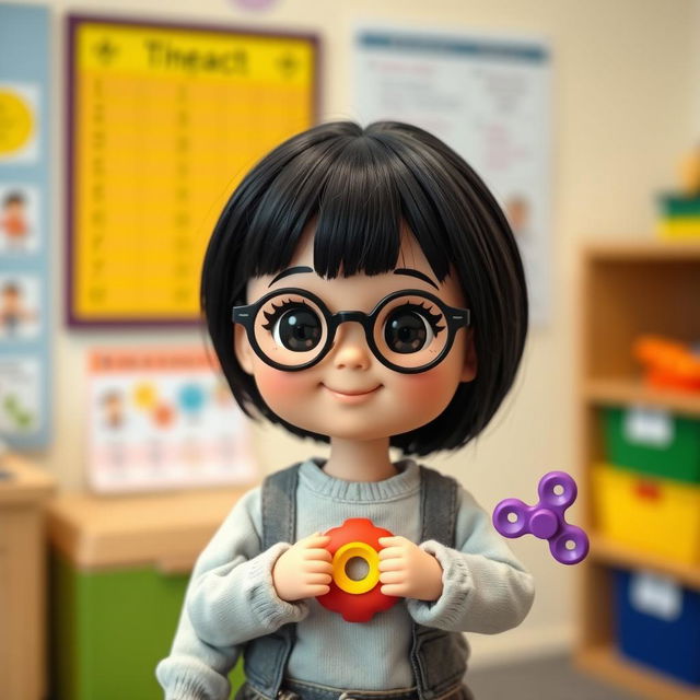 A doll representing a short girl with a round face, wearing black circular glasses and sporting black hair, featuring fair skin