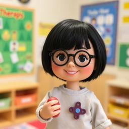 A doll representing a short girl with a round face, wearing black circular glasses and sporting black hair, featuring fair skin