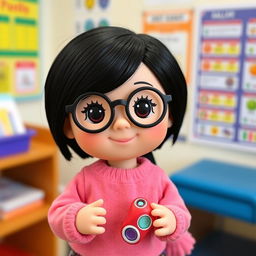 A doll representing a short girl with a round face, wearing black circular glasses and sporting black hair, featuring fair skin