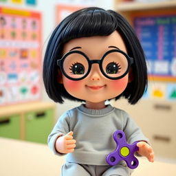 A doll representing a short girl with a round face, wearing black circular glasses and sporting black hair, featuring fair skin