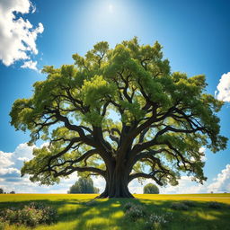 A majestic, ancient oak tree standing proudly in the center of a lush green meadow, its branches spread wide, adorned with vibrant green leaves that shimmer in the sunlight