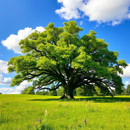A majestic, ancient oak tree standing proudly in the center of a lush green meadow, its branches spread wide, adorned with vibrant green leaves that shimmer in the sunlight