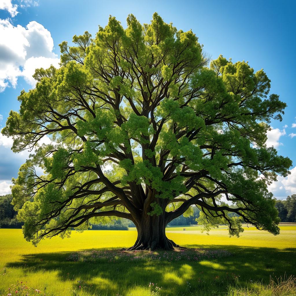 A majestic, ancient oak tree standing proudly in the center of a lush green meadow, its branches spread wide, adorned with vibrant green leaves that shimmer in the sunlight