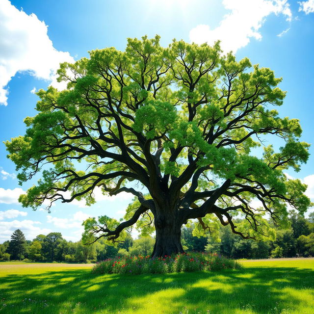 A majestic, ancient oak tree standing proudly in the center of a lush green meadow, its branches spread wide, adorned with vibrant green leaves that shimmer in the sunlight