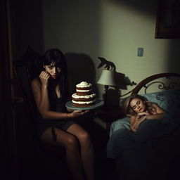 In a dimly lit room, a breathtaking young woman with stunning black hair and crystal blue eyes is crying, tied to a vintage wooden chair in one corner