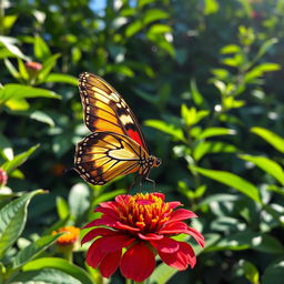A stunning, realistic photograph of a butterfly perched delicately on a vibrant flower in a lush natural setting
