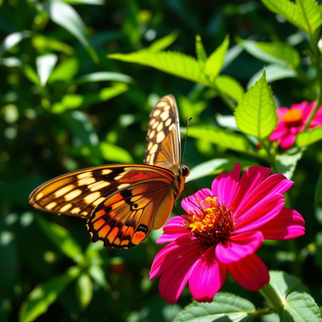 A stunning, realistic photograph of a butterfly perched delicately on a vibrant flower in a lush natural setting