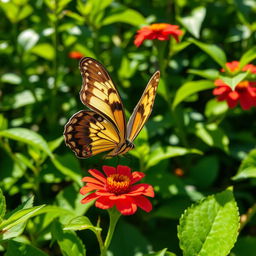 A stunning, realistic photograph of a butterfly perched delicately on a vibrant flower in a lush natural setting