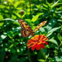 A stunning, realistic photograph of a butterfly perched delicately on a vibrant flower in a lush natural setting