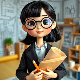 A doll representing a short and thin girl with a round face, wearing black circular glasses and featuring black hair with light skin