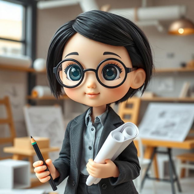 A doll representing a short and thin girl with a round face, wearing black circular glasses and featuring black hair with light skin