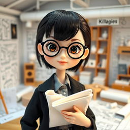 A doll representing a short and thin girl with a round face, wearing black circular glasses and featuring black hair with light skin