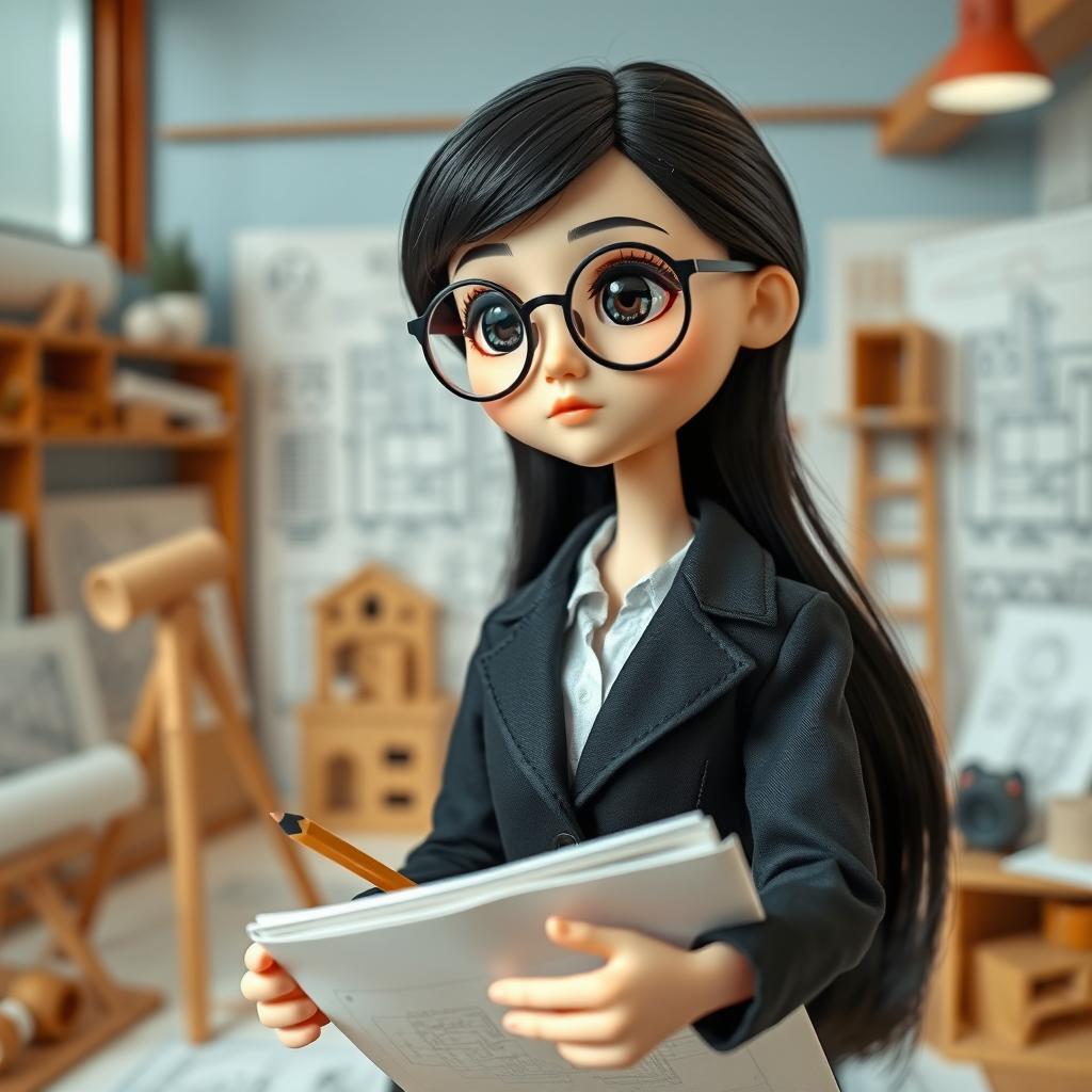 A doll representing a short and thin girl with a round face, wearing black circular glasses and featuring black hair with light skin