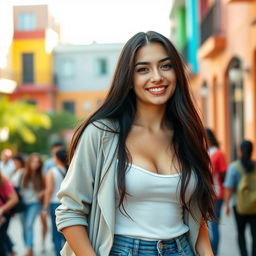 A beautiful Spanish female university student with large breasts, exuding a playful and flirtatious aura