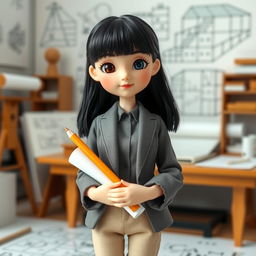A doll depicting a short and thin girl with a round face, featuring black hair styled with bangs and fair skin