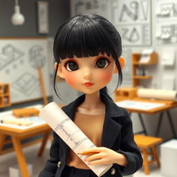 A doll depicting a short and thin girl with a round face, featuring black hair styled with bangs and fair skin