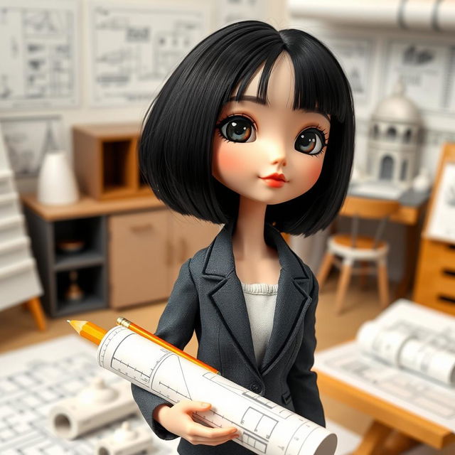 A doll depicting a short and thin girl with a round face, featuring black hair styled with bangs and fair skin