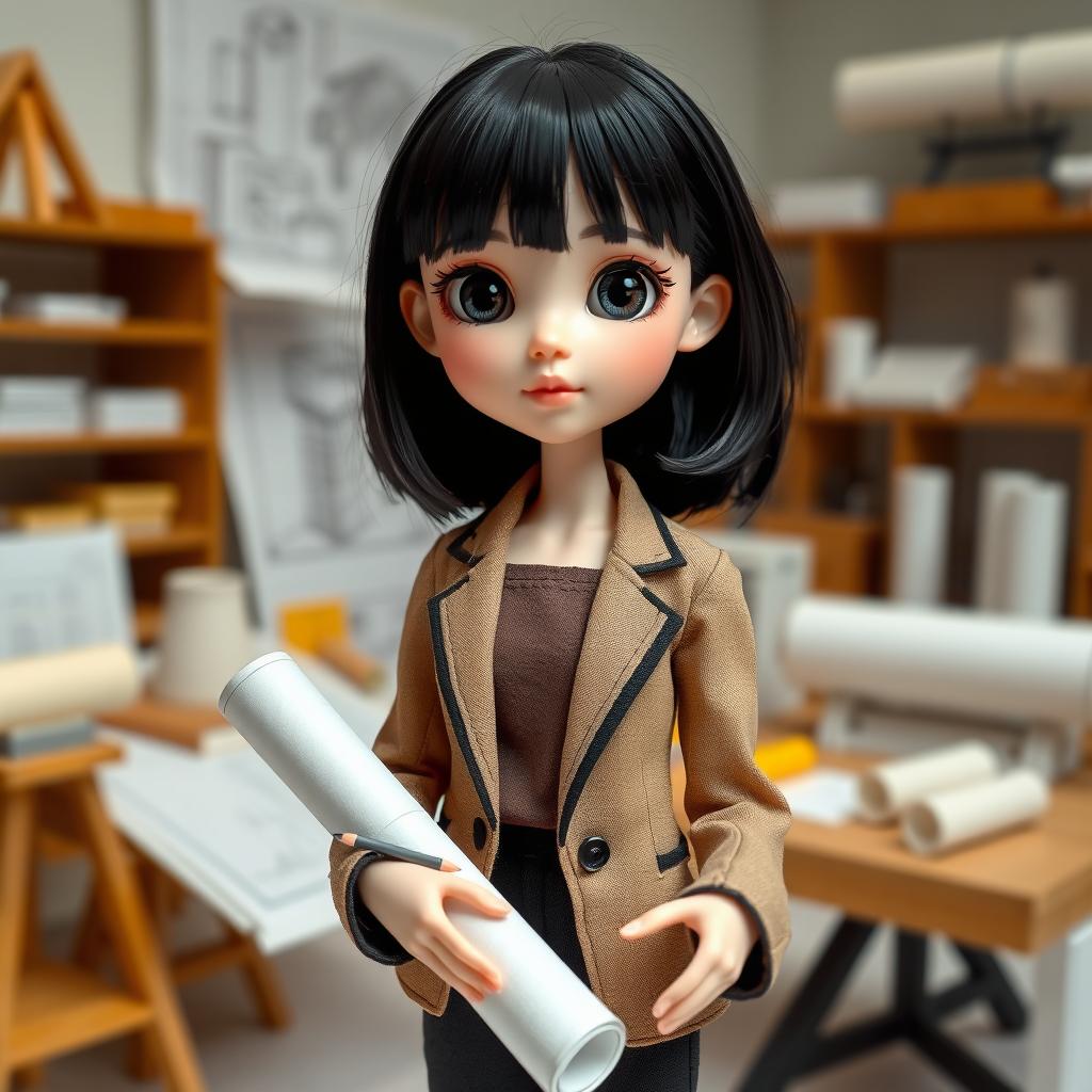 A doll depicting a short and thin girl with a round face, featuring black hair styled with bangs and fair skin