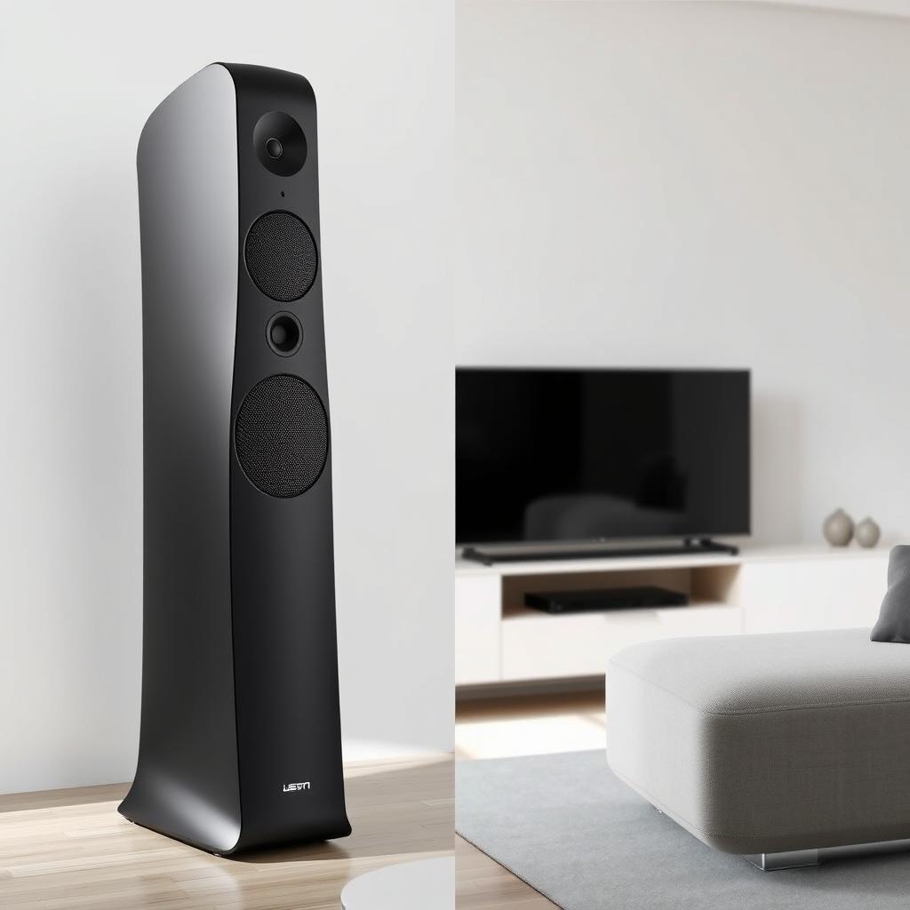 A futuristic floor-standing speaker design characterized by its tall, slender profile and innovative form