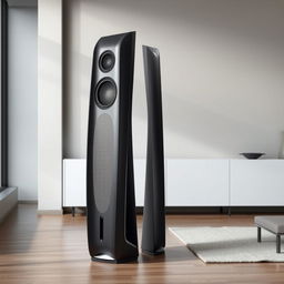 A futuristic floor-standing speaker design characterized by its tall, slender profile and innovative form