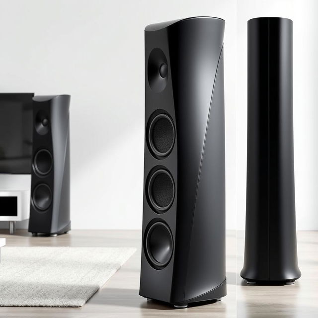 A futuristic floor-standing speaker design characterized by its tall, slender profile and innovative form