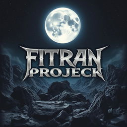 An album cover design for a metal band named 'FITRAN PROJECK', featuring a dramatic landscape that includes elements of earth and the moon