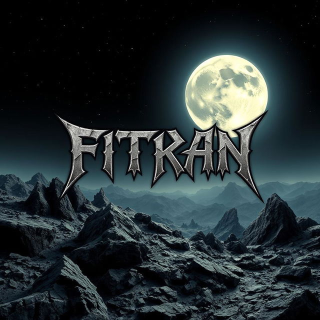 An album cover design for a metal band named 'FITRAN PROJECK', featuring a dramatic landscape that includes elements of earth and the moon