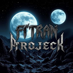 An album cover design for a metal band named 'FITRAN PROJECK', featuring a dramatic landscape that includes elements of earth and the moon