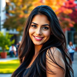 A beautiful, voluptuous Spanish female university student with an alluring presence, showcasing her confidence and charm