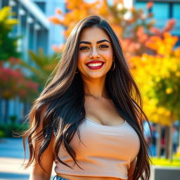 A beautiful, voluptuous Spanish female university student with an alluring presence, showcasing her confidence and charm