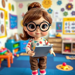 A doll depicting a short girl with a round face, featuring brown hair and round black glasses, with light skin