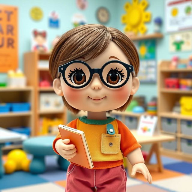 A doll depicting a short girl with a round face, featuring brown hair and round black glasses, with light skin