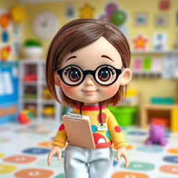 A doll depicting a short girl with a round face, featuring brown hair and round black glasses, with light skin